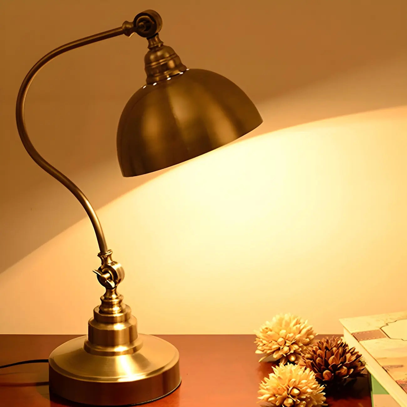 Antique Brass Arc Bowl Shade Table Lamp for Bedroom