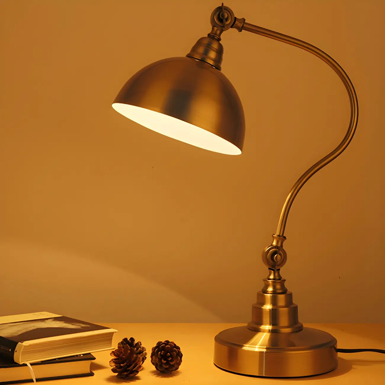 Antique Brass Arc Bowl Shade Table Lamp for Bedroom