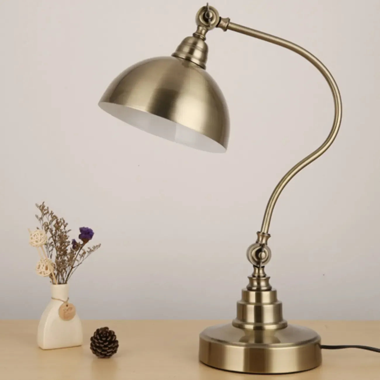Antique Brass Arc Bowl Shade Table Lamp for Bedroom