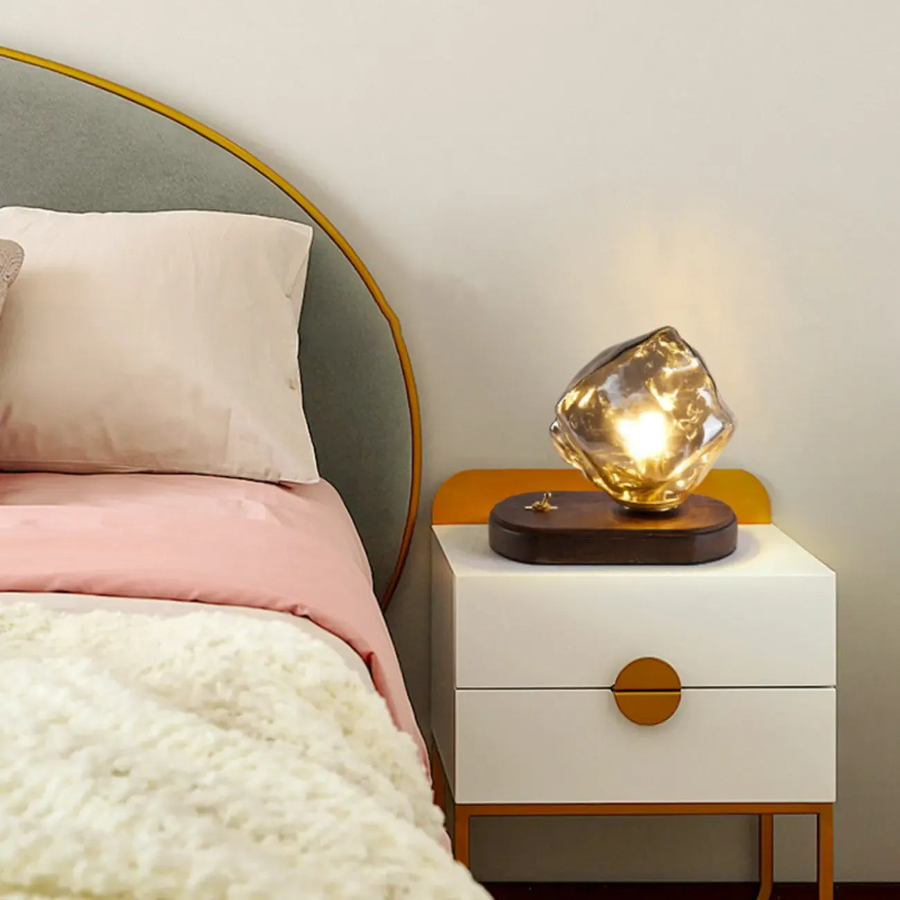 Stylish Wooden Base Glass Table Lamp Plug-In for Bedroom