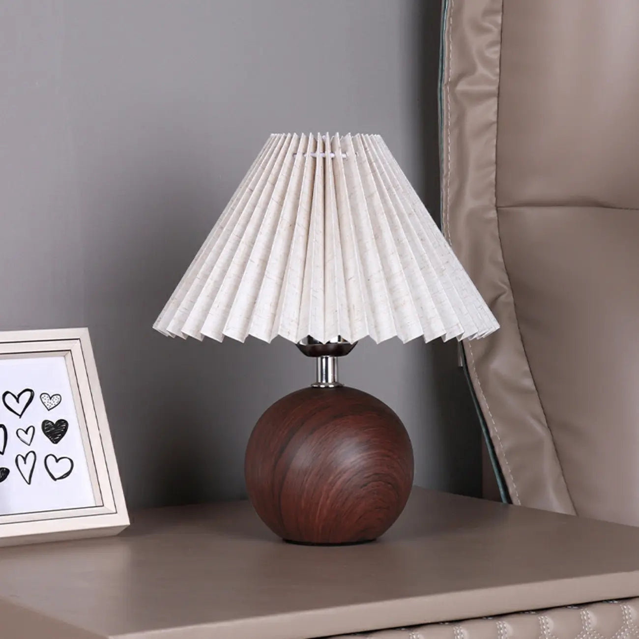 Vintage Wooden Pleated Shade Table Lamp for Bedroom