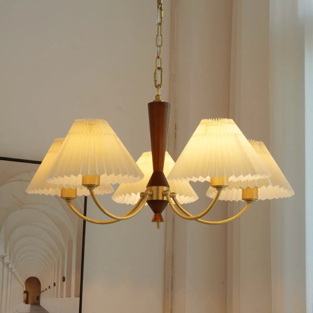 Vintage Wooden Chandelier with Beige Pleated LampShade