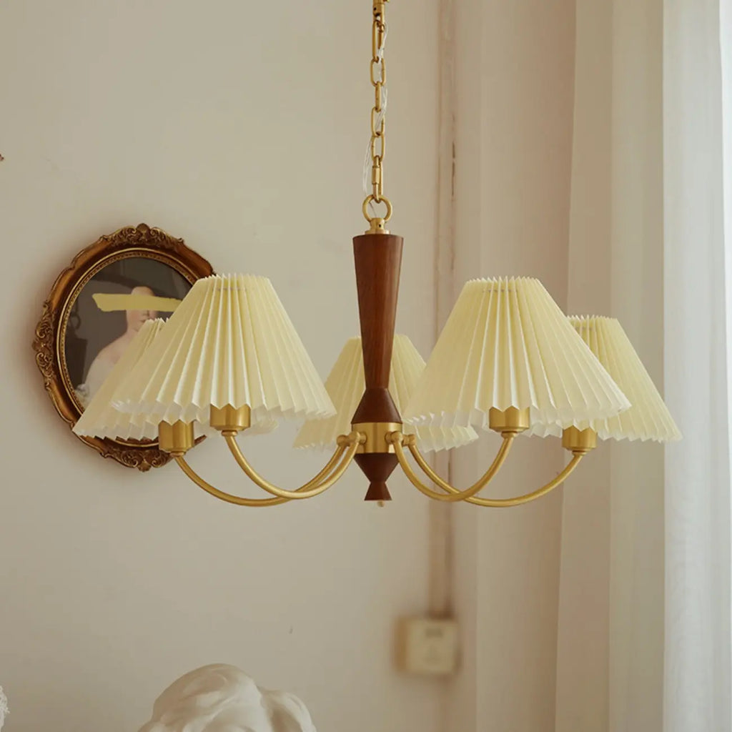 Vintage Wooden Chandelier with Beige Pleated LampShade