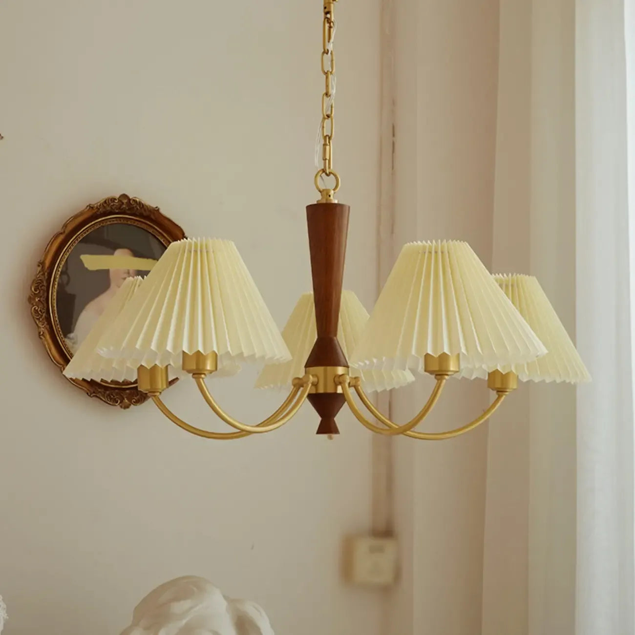 Vintage Wooden Chandelier with Beige Pleated LampShade
