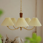 Vintage Wooden Chandelier with Beige Pleated LampShade
