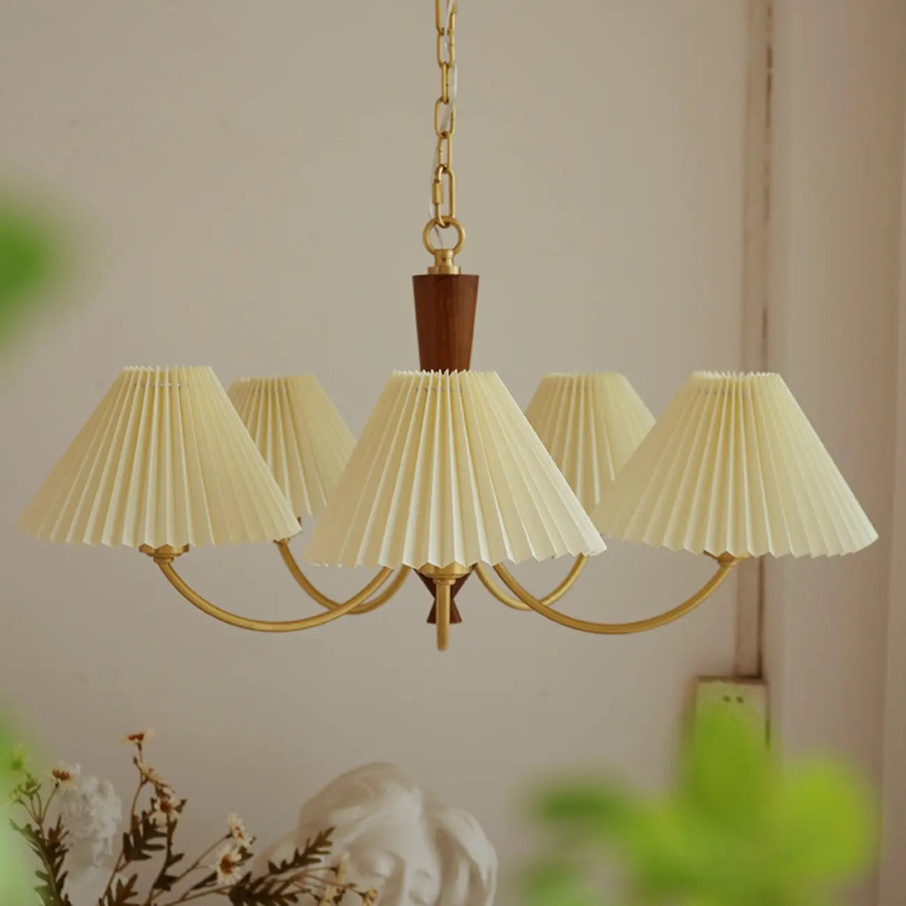 Vintage Wooden Chandelier with Beige Pleated LampShade