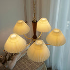 Vintage Wooden Chandelier with Beige Pleated LampShade