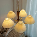Vintage Wooden Chandelier with Beige Pleated LampShade