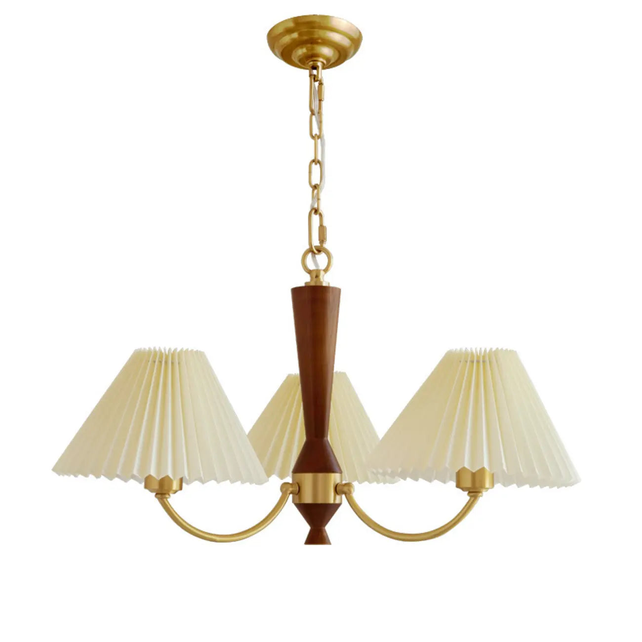 Vintage Wooden Chandelier with Beige Pleated LampShade