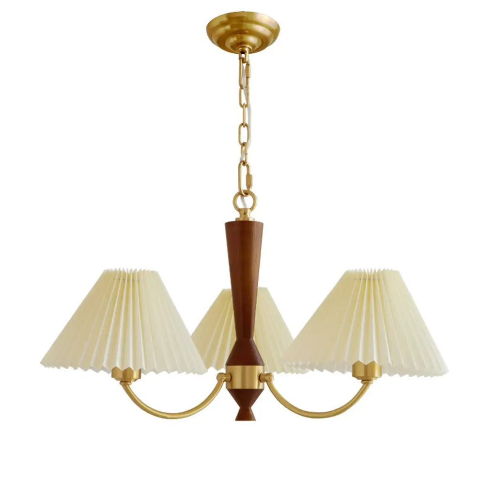 Vintage Wooden Chandelier with Beige Pleated LampShade