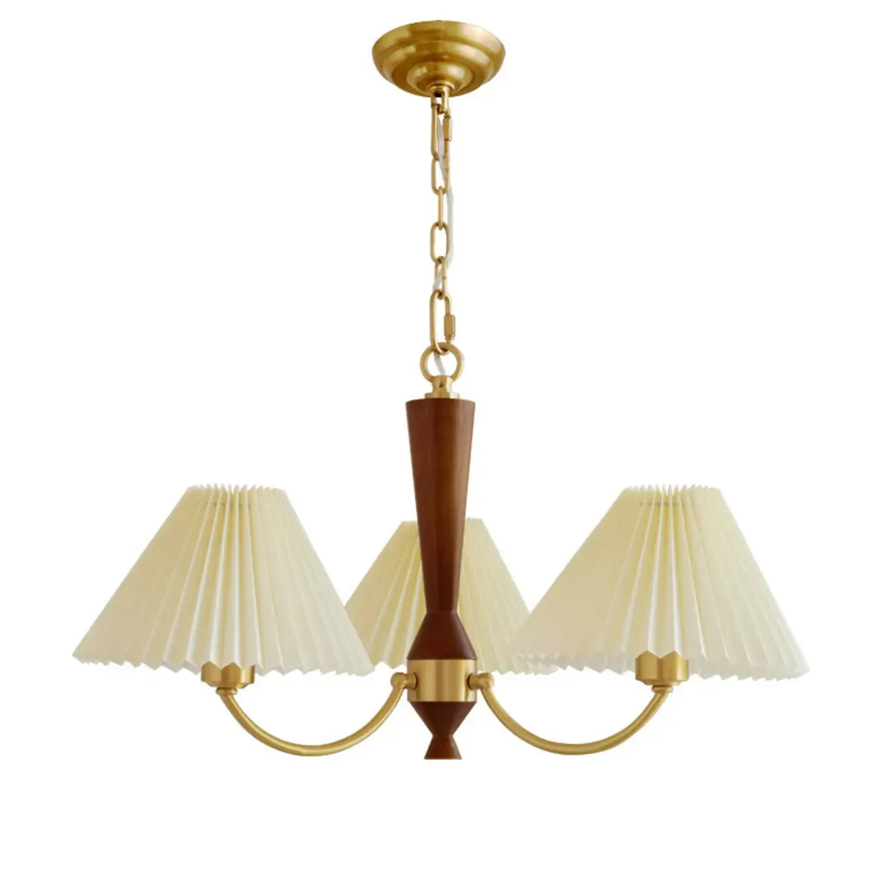 Vintage Wooden Chandelier with Beige Pleated LampShade