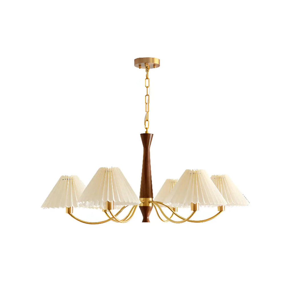 Vintage Wooden Chandelier with Beige Pleated LampShade
