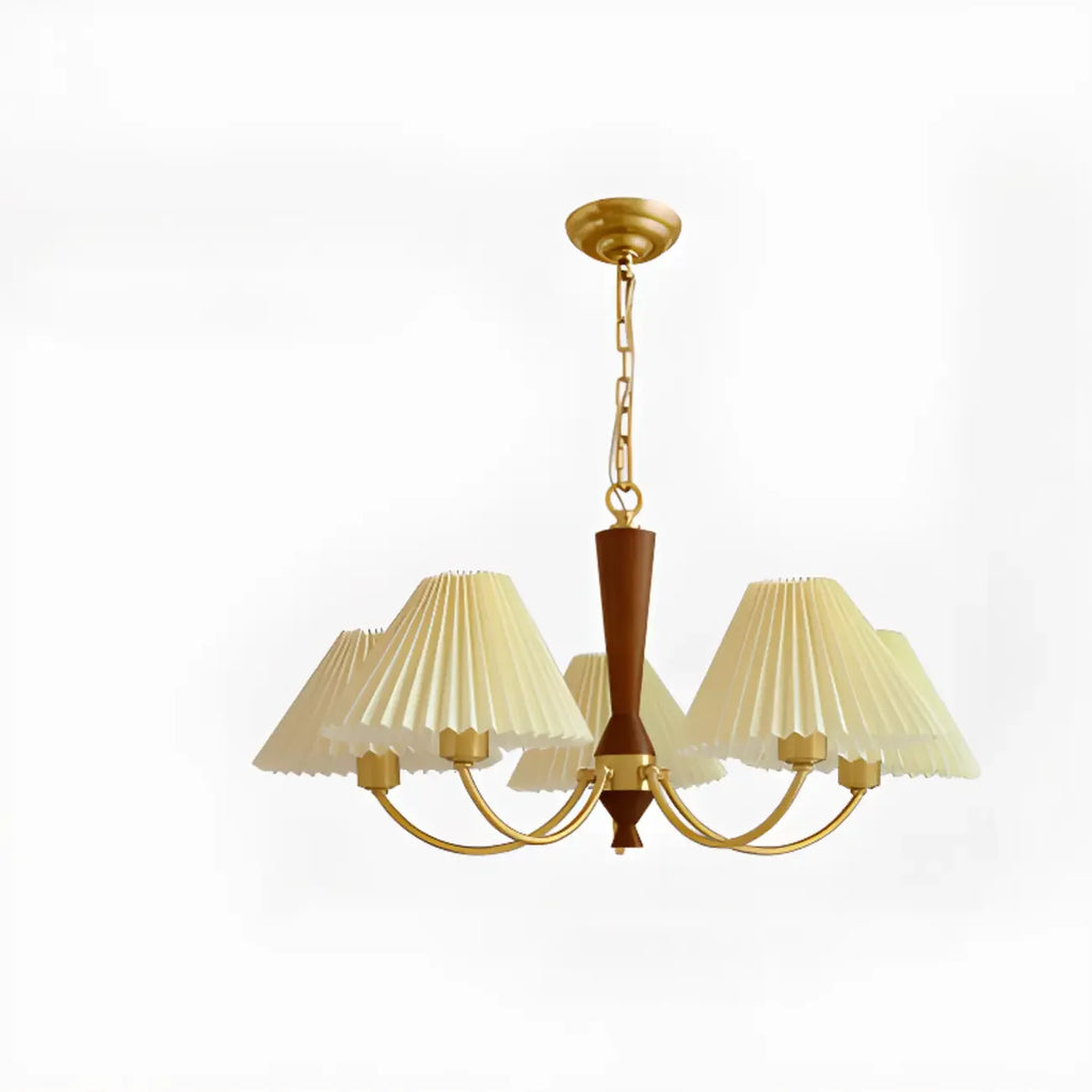 Vintage Wooden Chandelier with Beige Pleated LampShade