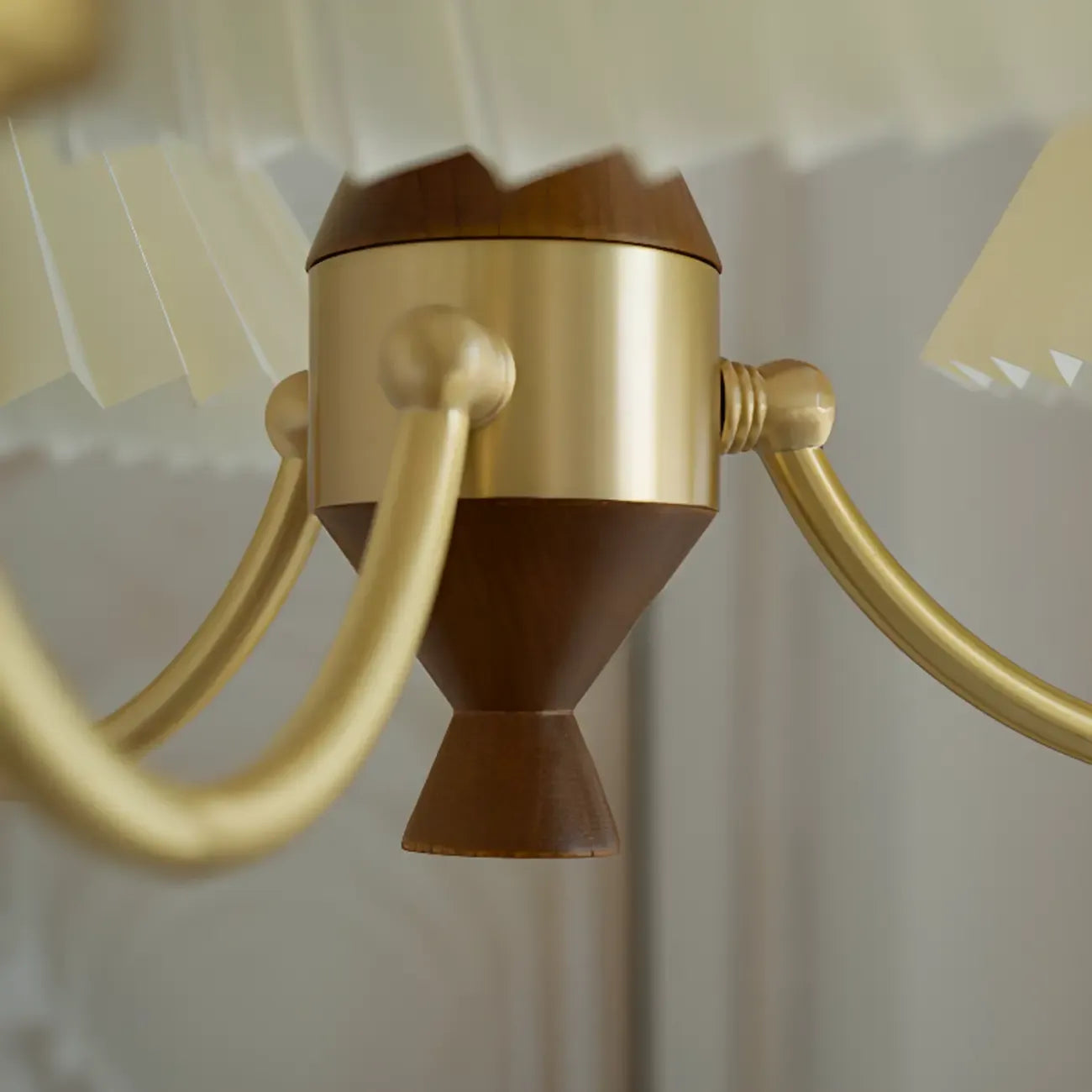 Vintage Wooden Chandelier with Beige Pleated LampShade