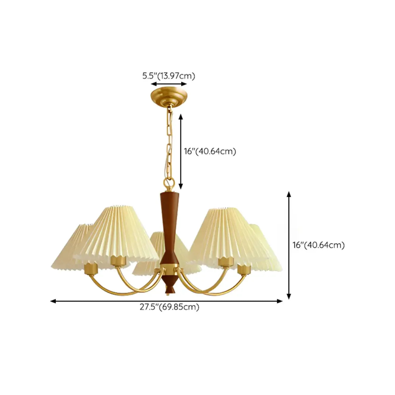 Vintage Wooden Chandelier with Beige Pleated LampShade