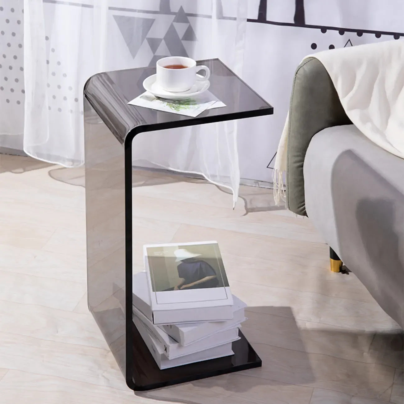 Black Small Acrylic C-Shaped Side Table for Living Room