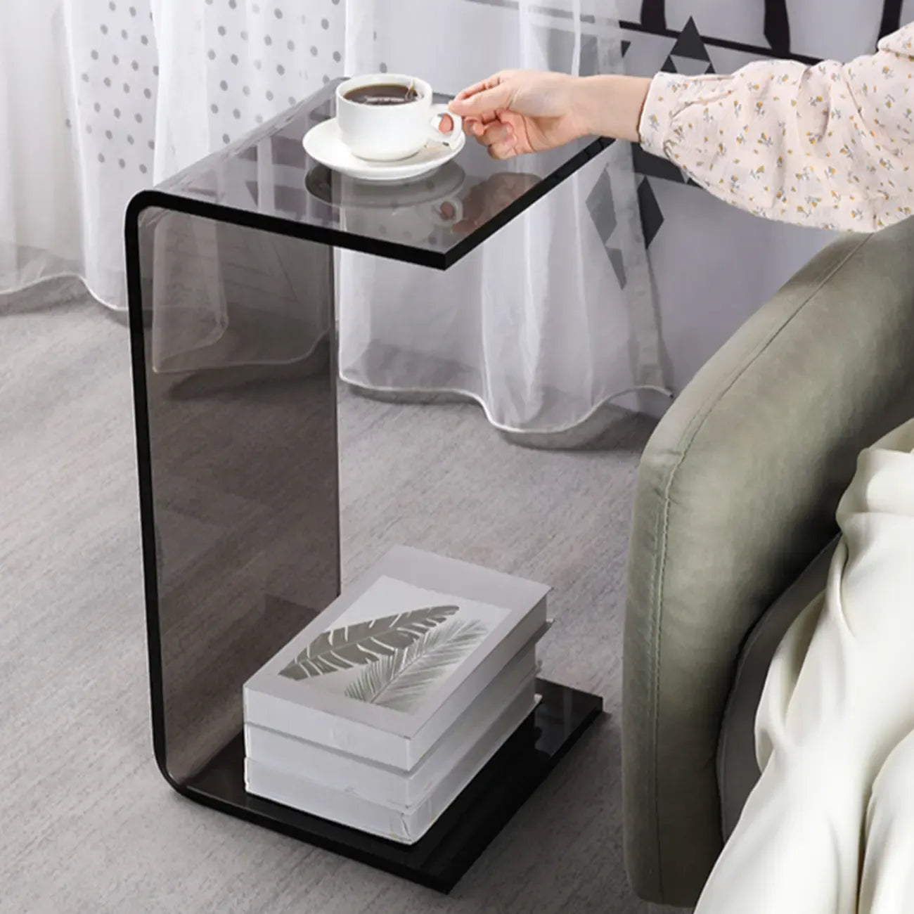 Black Small Acrylic C-Shaped Side Table for Living Room