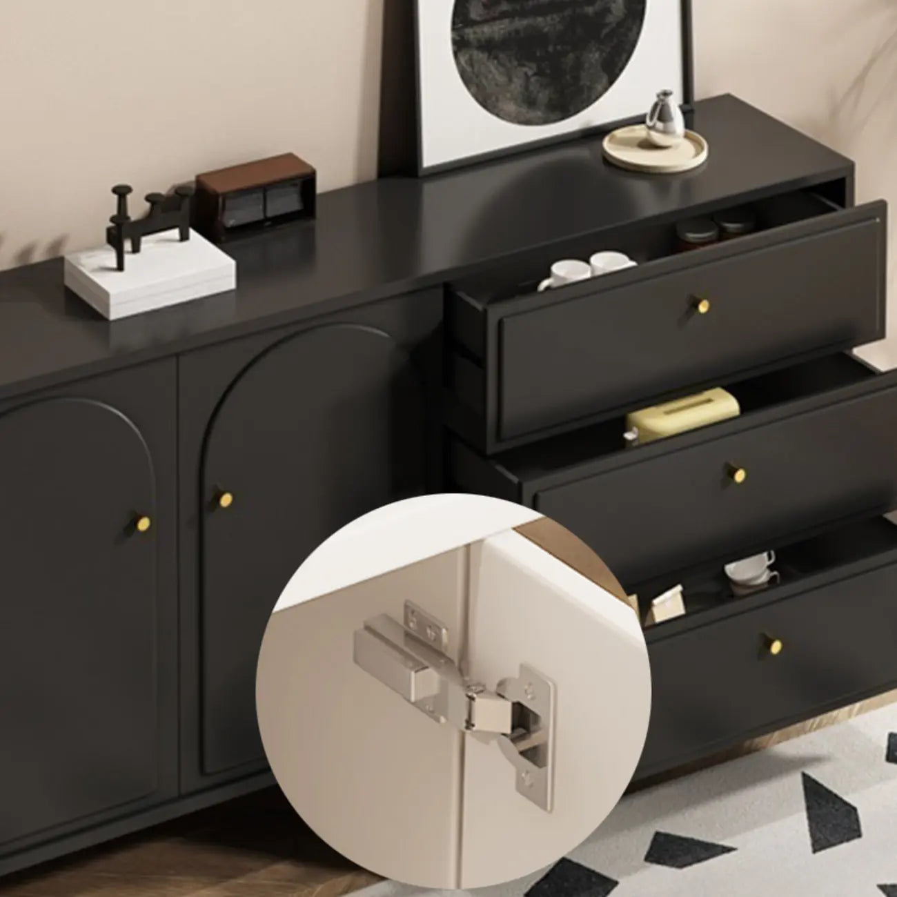 Stylish Black Wooden Combo Dresser with Drawers and Cabinet