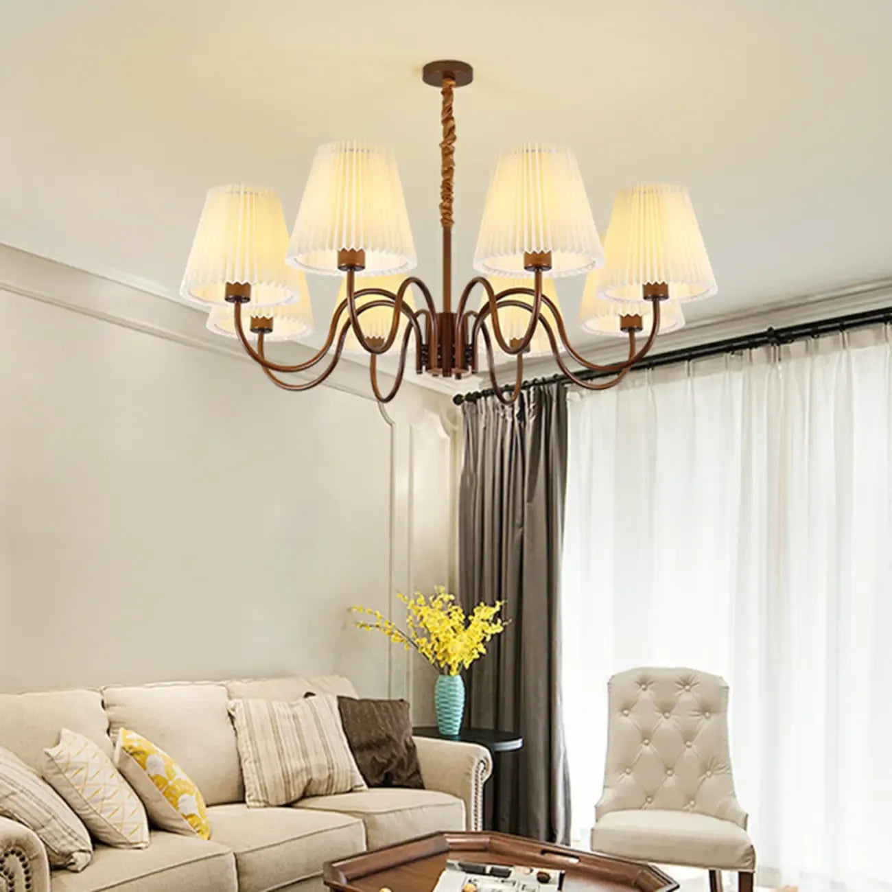Vintage Metal Chandelier with Fabric Shades for Living Room