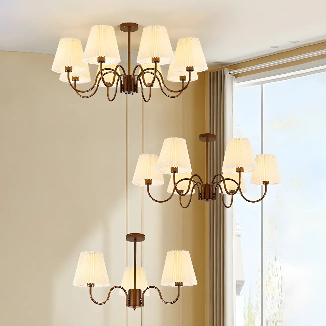 Vintage Metal Chandelier with Fabric Shades for Living Room