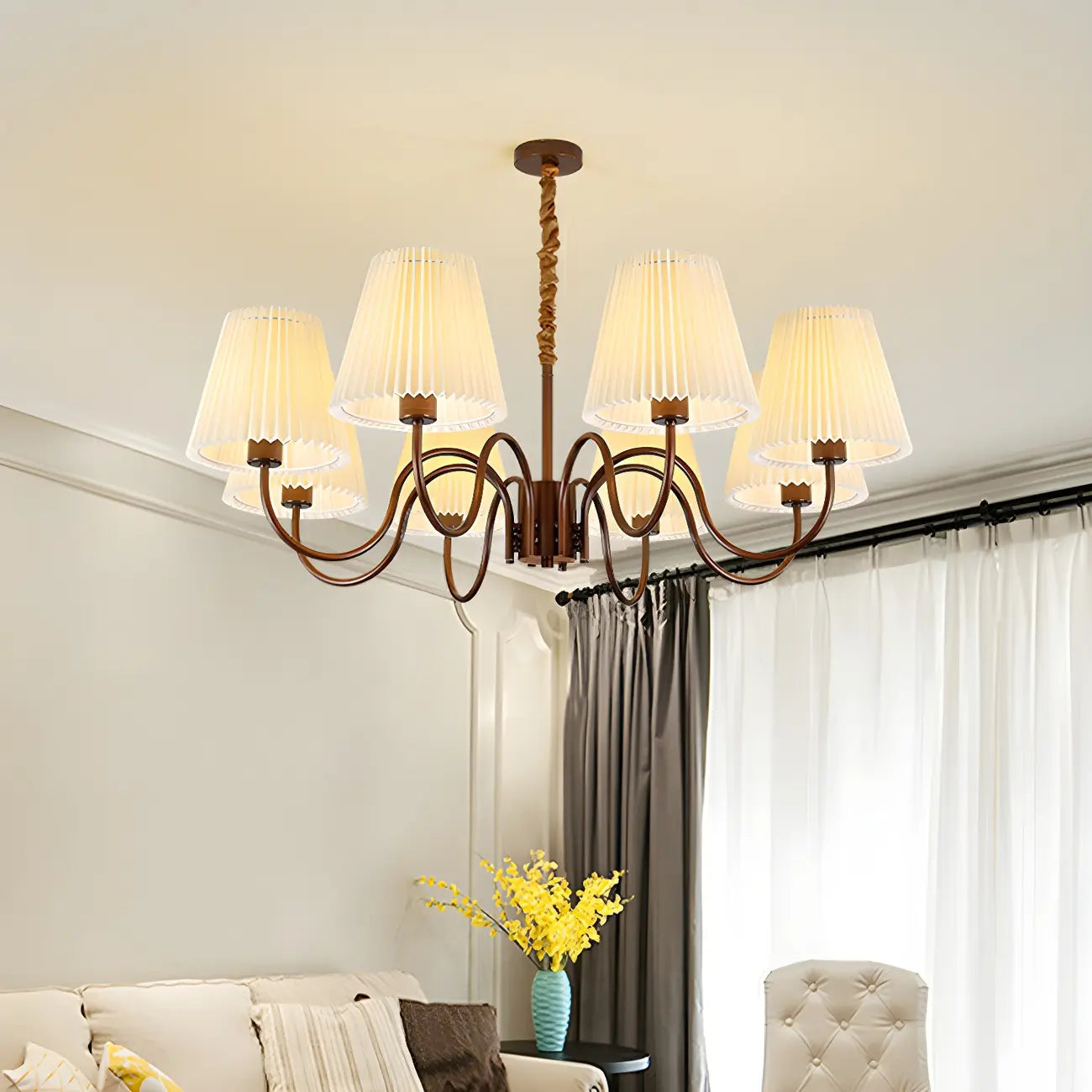 Vintage Metal Chandelier with Fabric Shades for Living Room