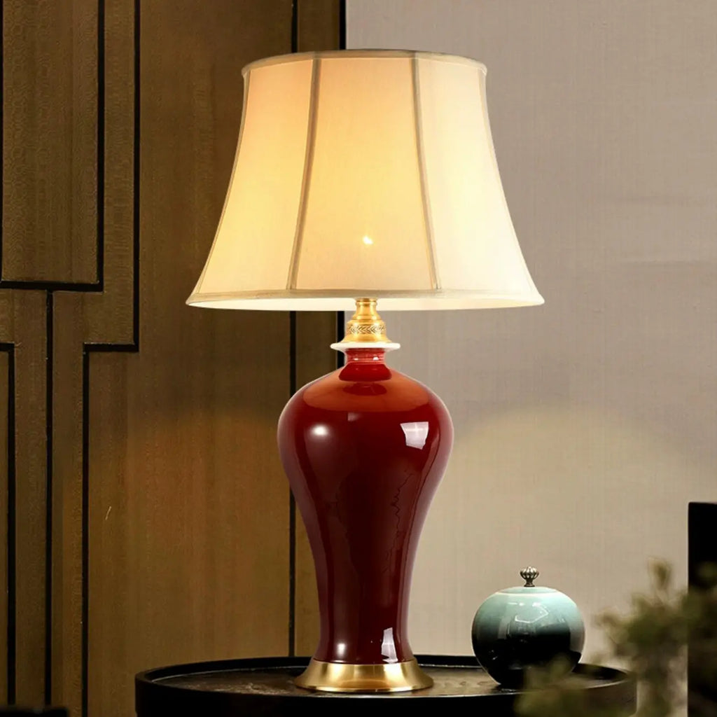 Red Geometric Ceramic Table Lamp Button Switch Fabric Shade