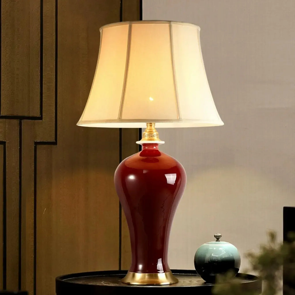 Red Geometric Ceramic Table Lamp Button Switch Fabric Shade