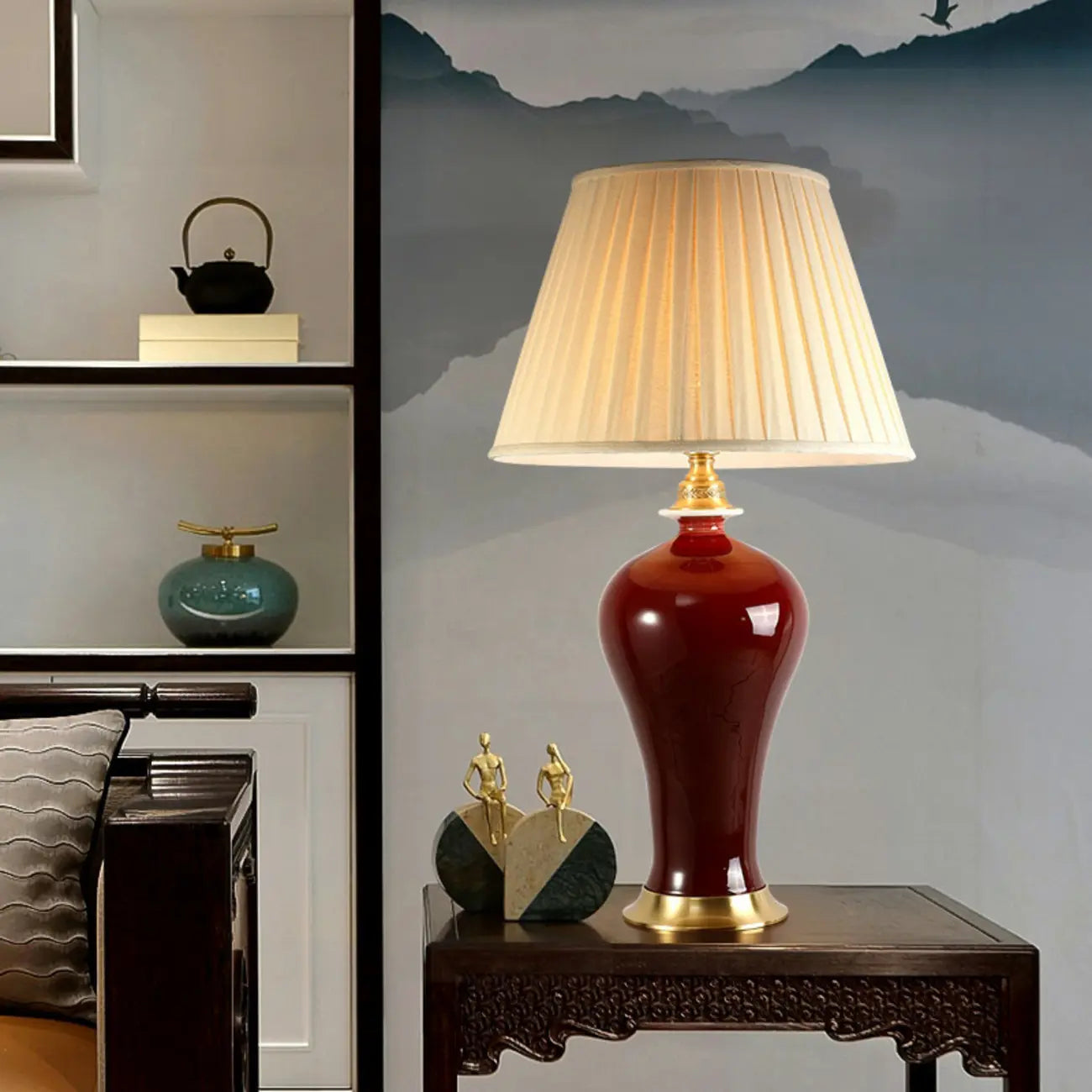 Red Geometric Ceramic Table Lamp Button Switch Fabric Shade