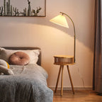 Wood Color Fabric Shade Modern Floor Lamp with Tripod Shelf