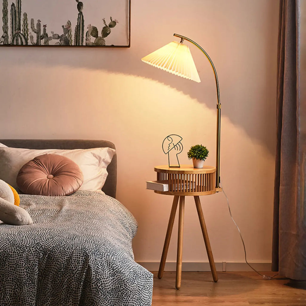 Wood Color Fabric Shade Modern Floor Lamp with Tripod Shelf