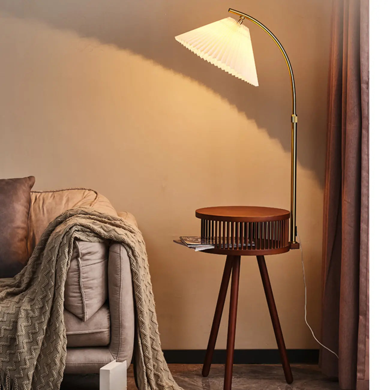 Wood Color Fabric Shade Modern Floor Lamp with Tripod Shelf