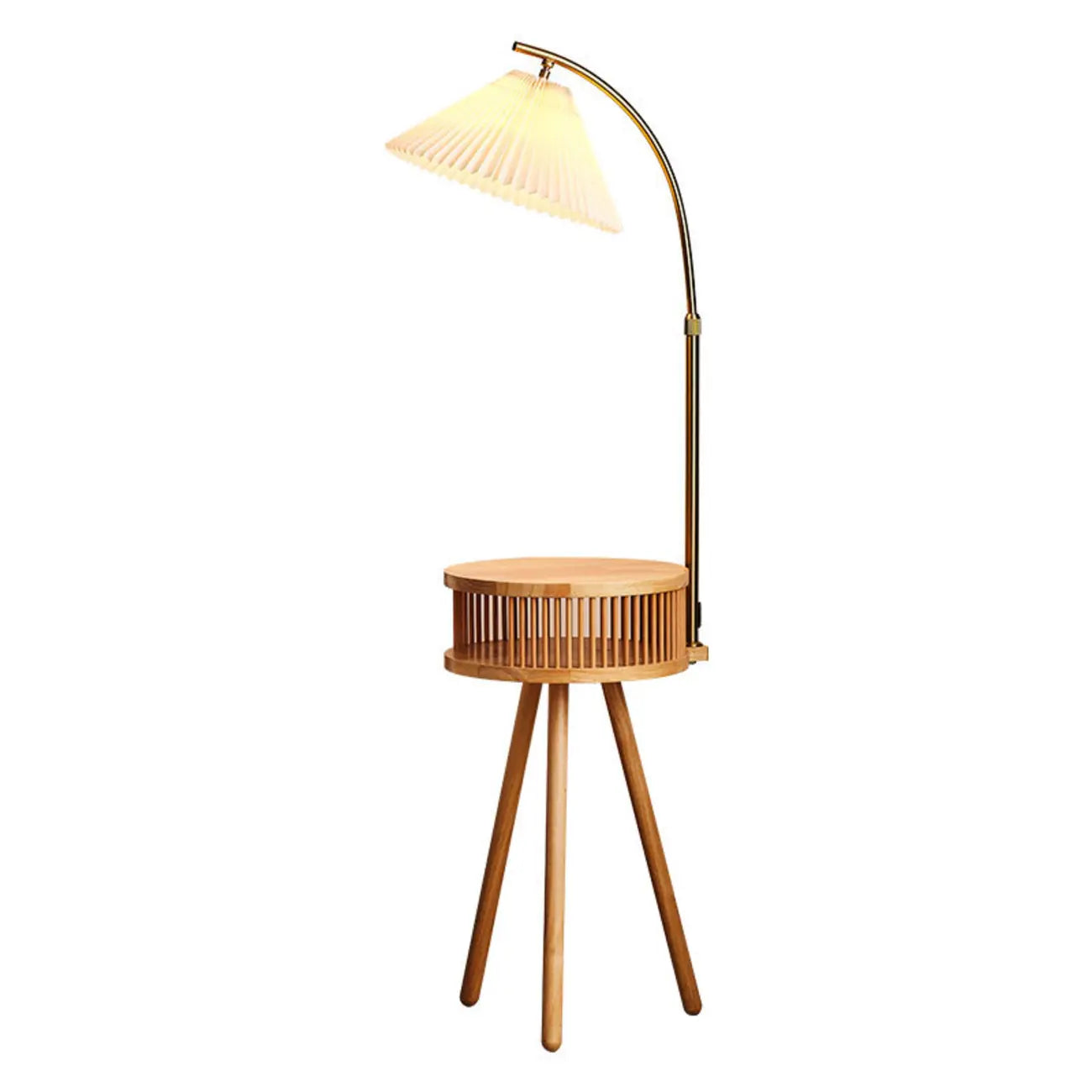 Wood Color Fabric Shade Modern Floor Lamp with Tripod Shelf