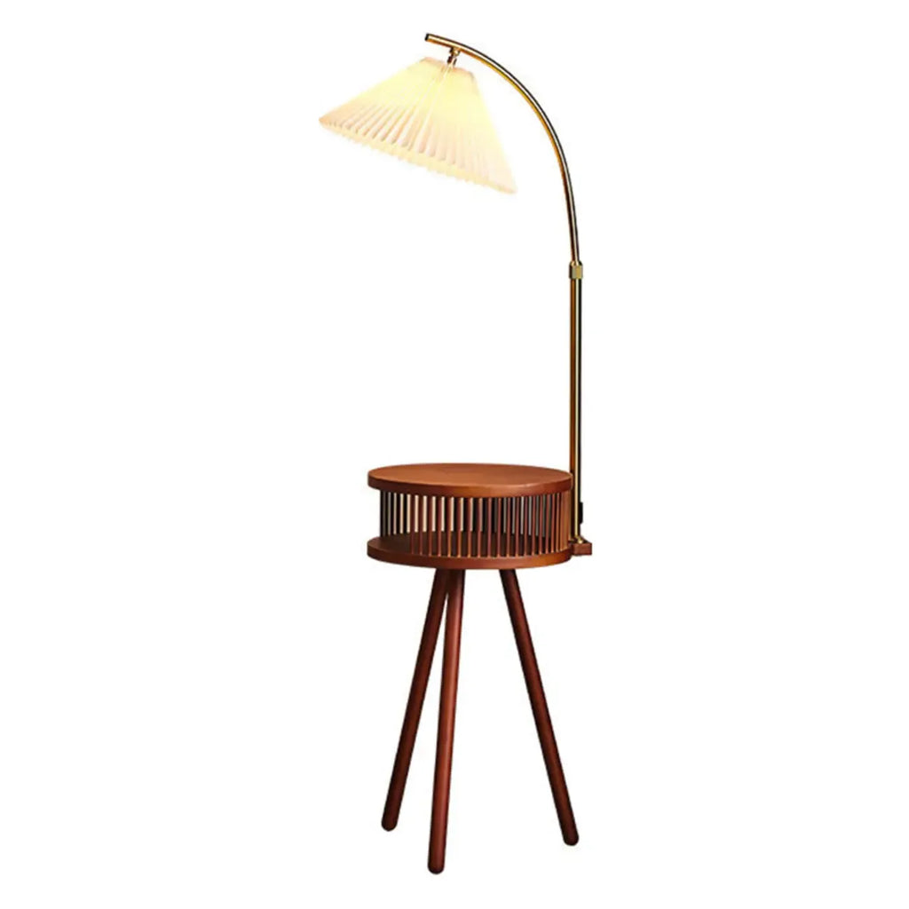 Wood Color Fabric Shade Modern Floor Lamp with Tripod Shelf
