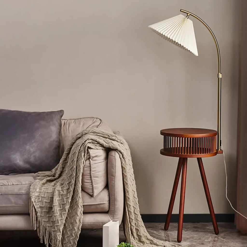 Wood Color Fabric Shade Modern Floor Lamp with Tripod Shelf