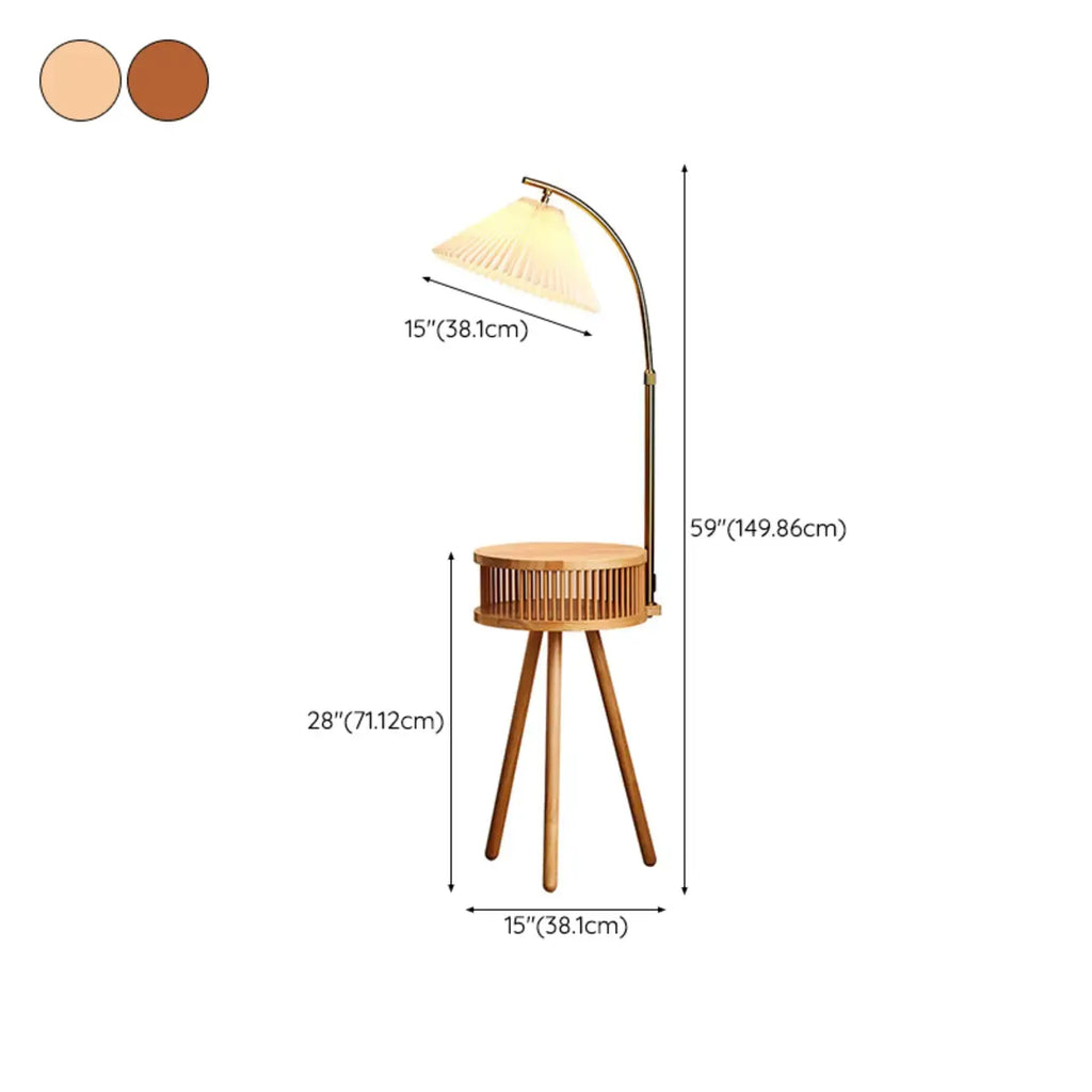 Wood Color Fabric Shade Modern Floor Lamp with Tripod Shelf