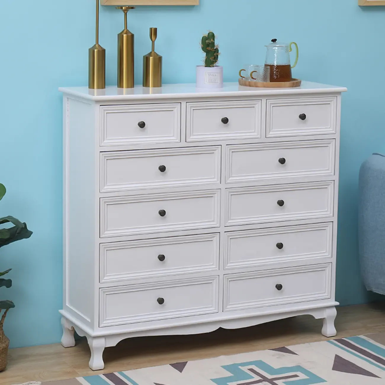 Rustic Wooden White Accent Cabinet with Multiple Drawers