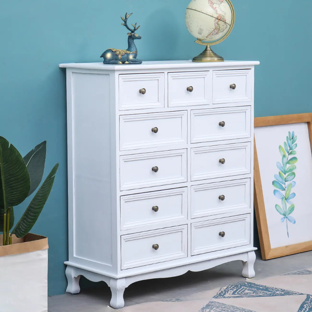 Rustic Wooden White Accent Cabinet with Multiple Drawers