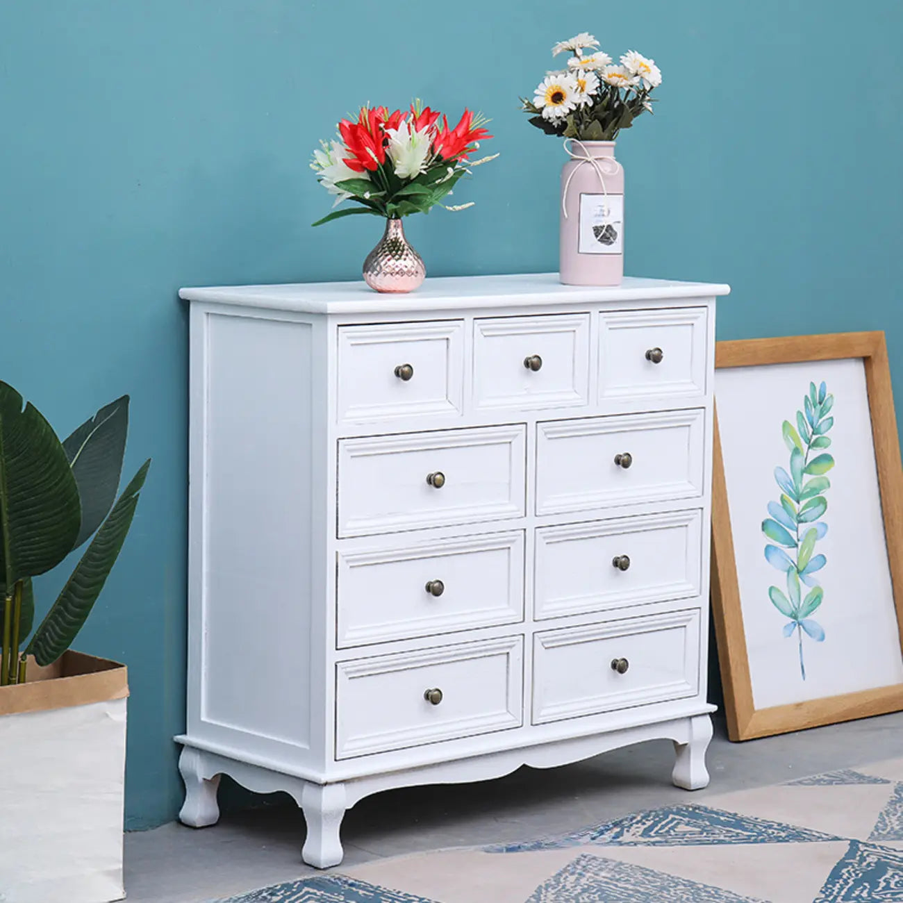 Rustic Wooden White Accent Cabinet with Multiple Drawers