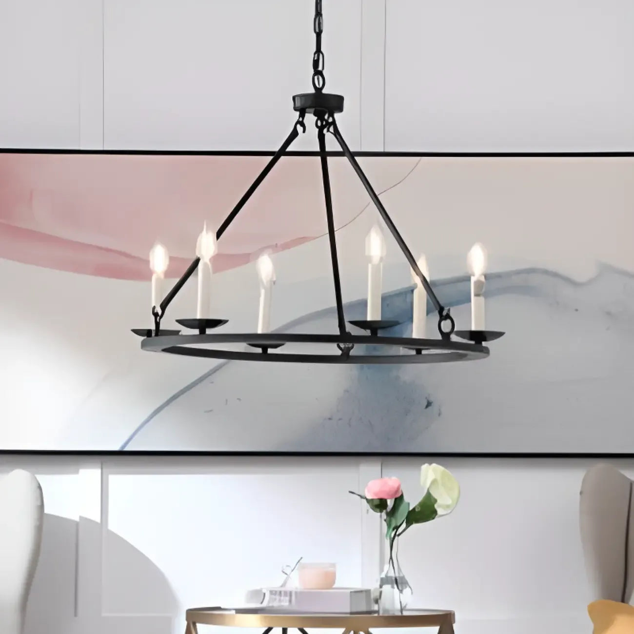 Black Iron Industrial Candle Chandelier for Dining Room
