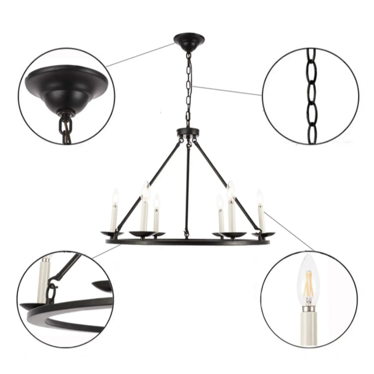 Black Iron Industrial Candle Chandelier for Dining Room