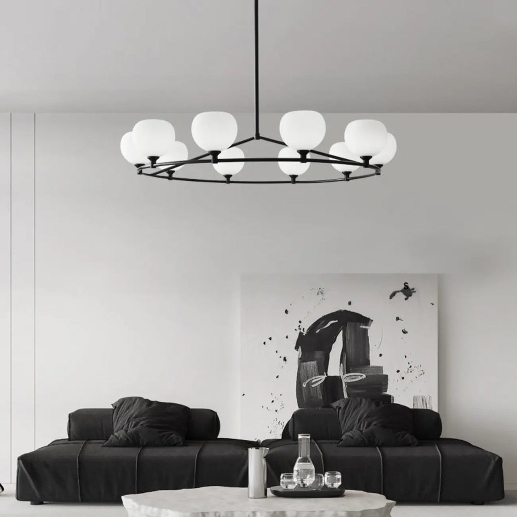 Minimalist White Glass Globe Black Metal Chandelier