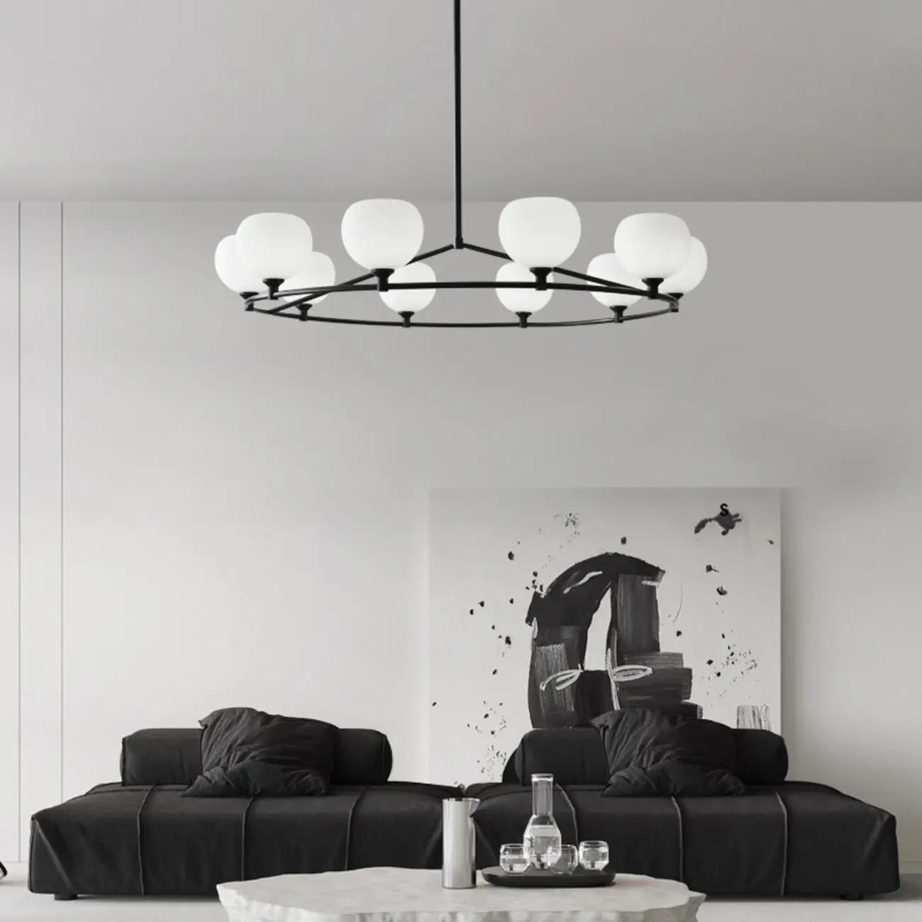 Minimalist White Glass Globe Black Metal Chandelier