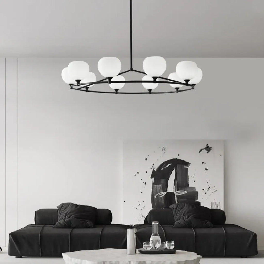 Minimalist White Glass Globe Black Metal Chandelier