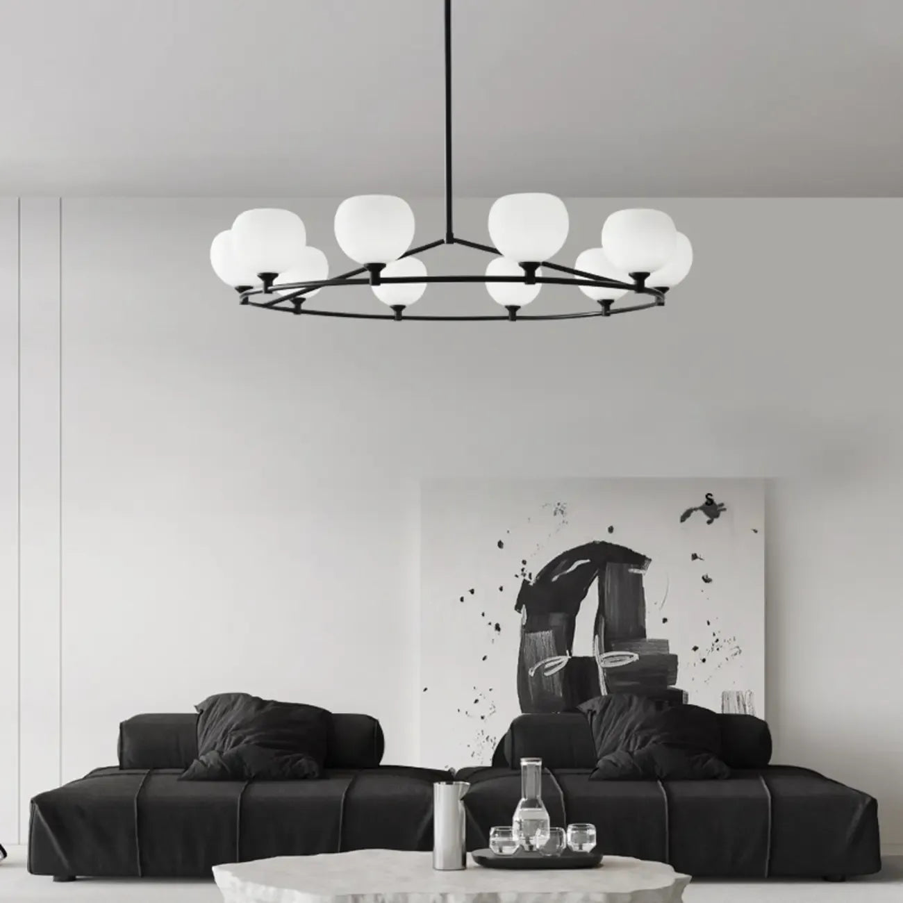Minimalist White Glass Globe Black Metal Chandelier