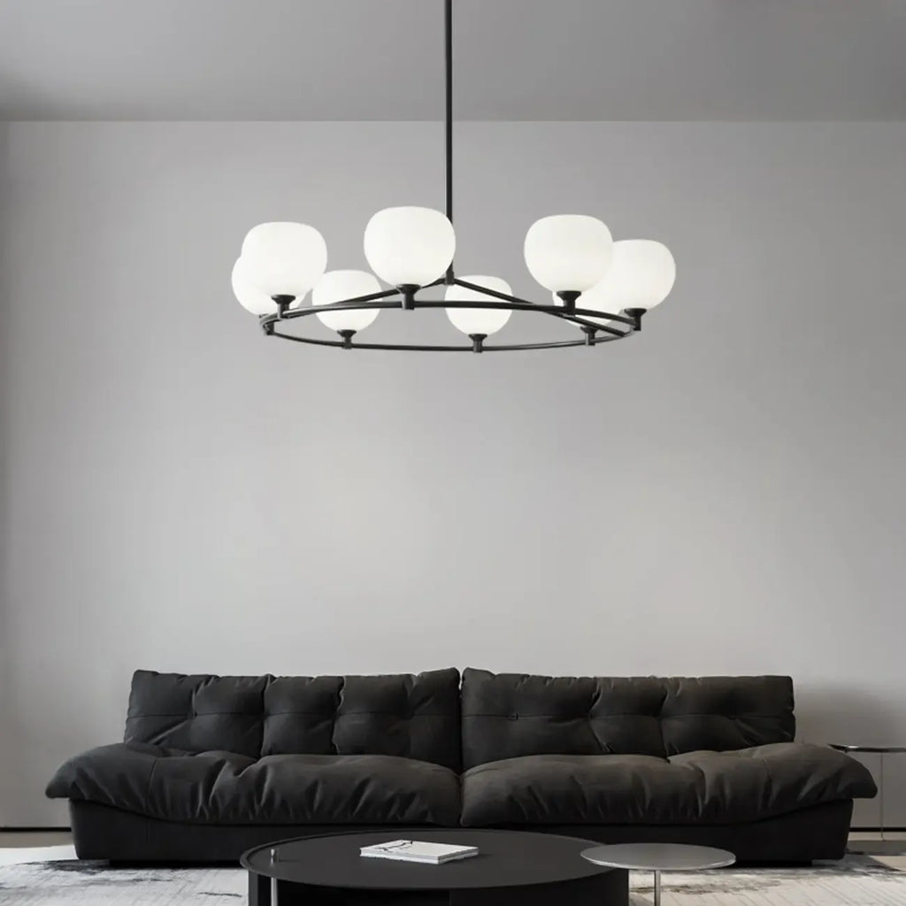 Minimalist White Glass Globe Black Metal Chandelier