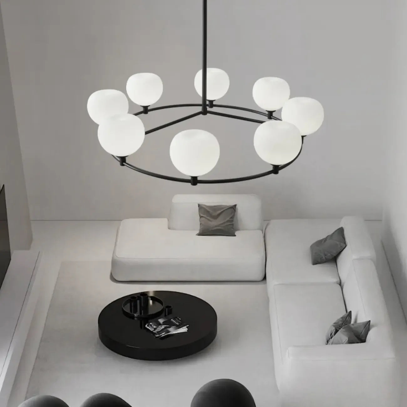 Minimalist White Glass Globe Black Metal Chandelier