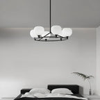 Minimalist White Glass Globe Black Metal Chandelier