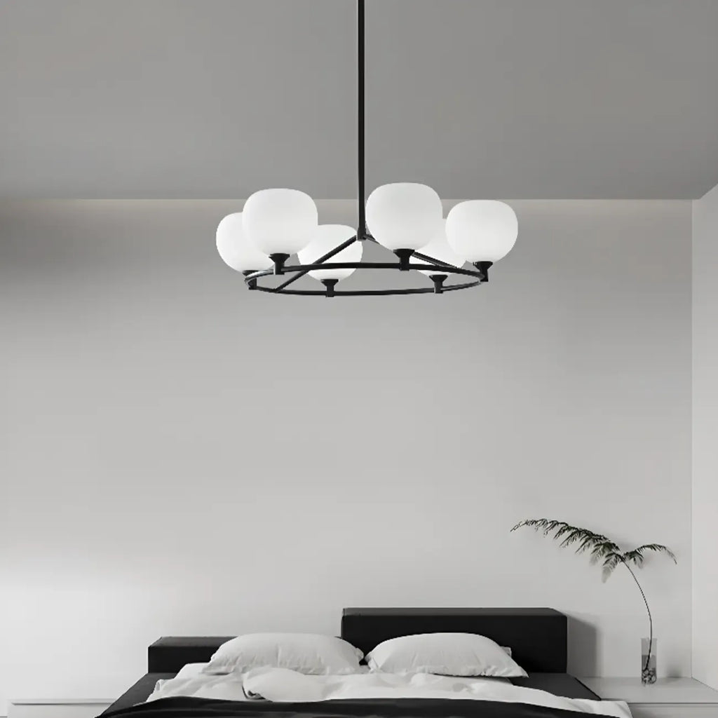 Minimalist White Glass Globe Black Metal Chandelier