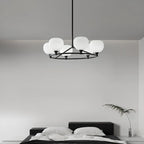Minimalist White Glass Globe Black Metal Chandelier