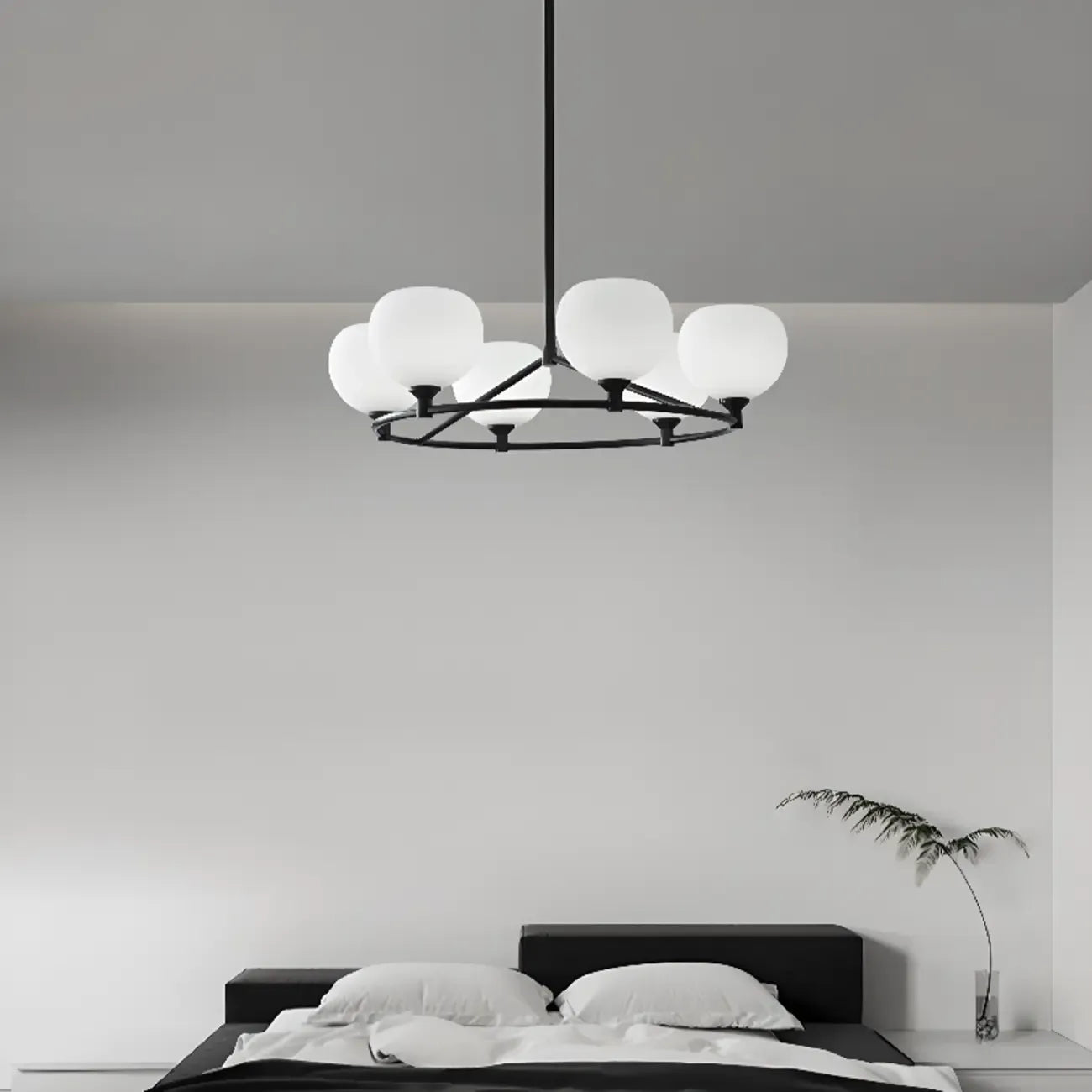 Minimalist White Glass Globe Black Metal Chandelier